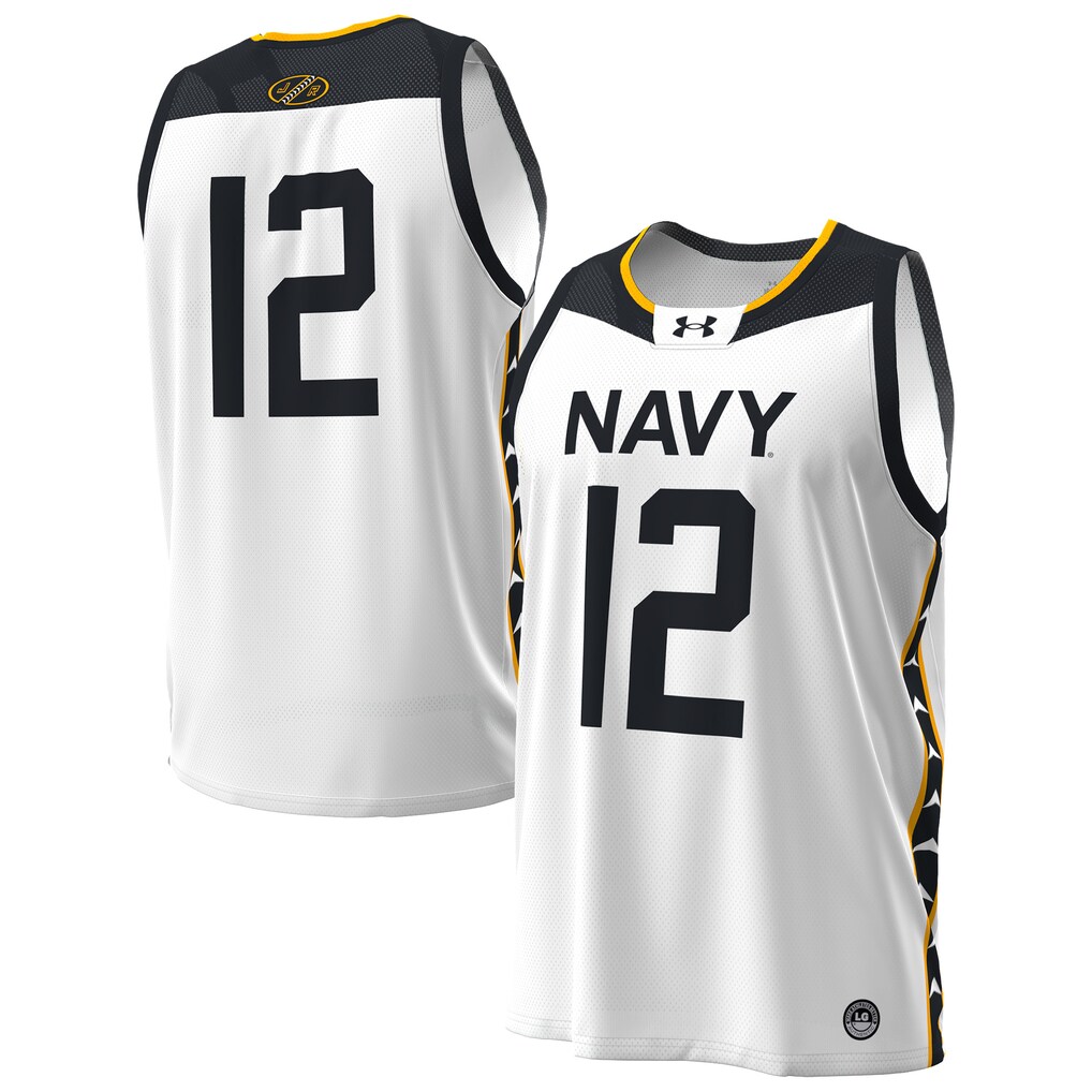 Men's Under Armour #12 White Navy Midshipmen Jolly Rogers Alternate Replica Basketball Jersey - ujerseystore
