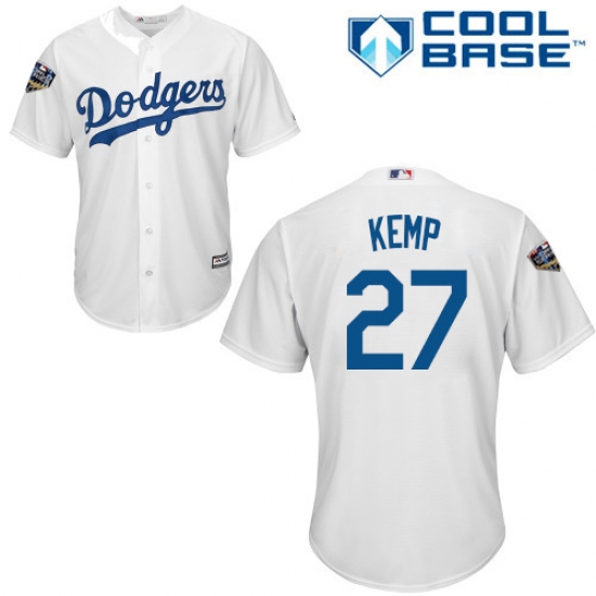 Youth Majestic Los Angeles Dodgers #27 Matt Kemp Authentic White Home Cool Base 2018 World Series MLB Jersey - Ujersey