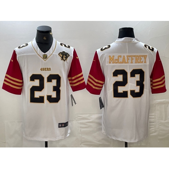 Men's San Francisco 49ers #23 Christian McCaffrey White 75th Golden Edition Stitched Nike Limited Jersey - Ujersey