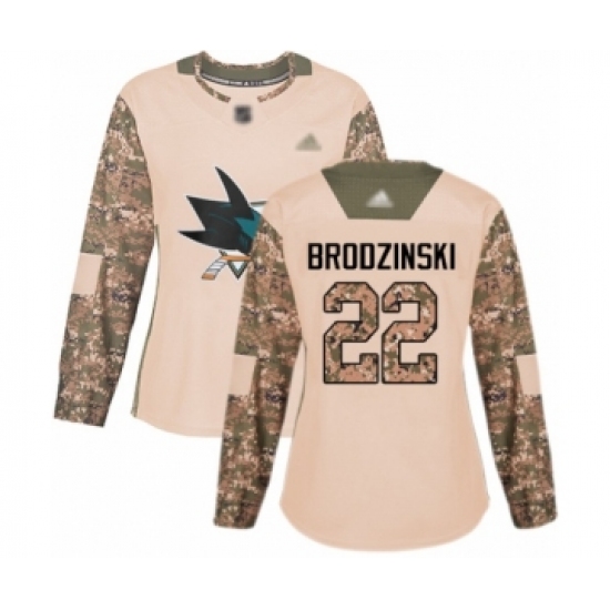 Women's San Jose Sharks #22 Jonny Brodzinski Authentic Camo Veterans Day Practice Hockey Jersey