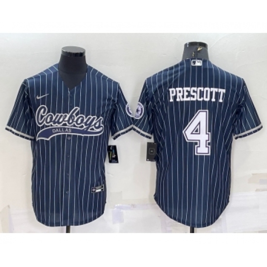 Men's Dallas Cowboys #4 Dak Prescott Navy Blue Pinstripe With Patch Cool Base Stitched Baseball Jersey - Ujersey
