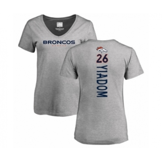 Football Women's Denver Broncos #26 Isaac Yiadom Ash Backer V-Neck T-Shirt - Ujersey