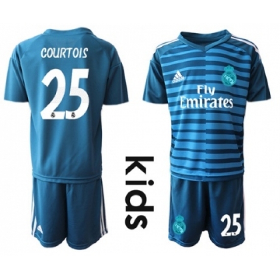 Real Madrid #25 Courtois Blue Goalkeeper Kid Soccer Club Jersey