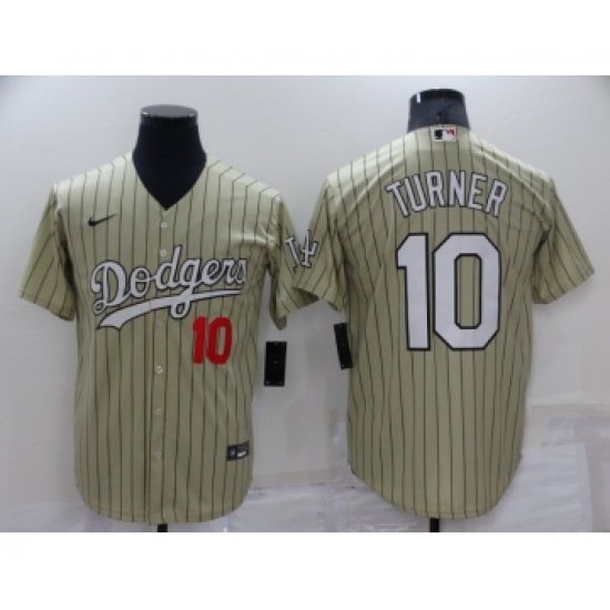 Men's Los Angeles Dodgers #10 Justin Turner Cream Pinstripe Stitched MLB Cool Base Nike Jersey - Ujersey