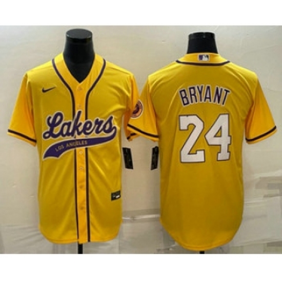 Men's Los Angeles Lakers #24 Kobe Bryant Yellow With Cool Base Stitched Baseball Jersey - Ujersey