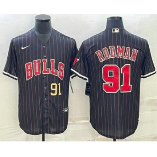 Mens Chicago Bulls #91 Dennis Rodman Number Black With Cool Base Stitched Baseball Jersey - Ujersey