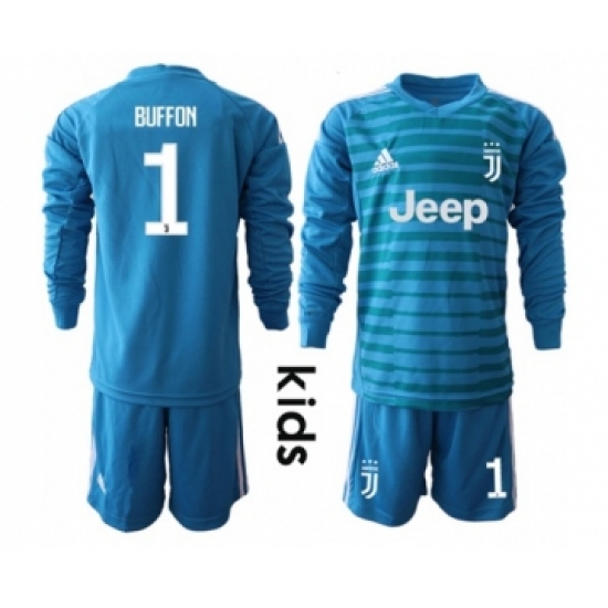 Juventus #1 Buffon Blue Goalkeeper Long Sleeves Kid Soccer Club Jersey