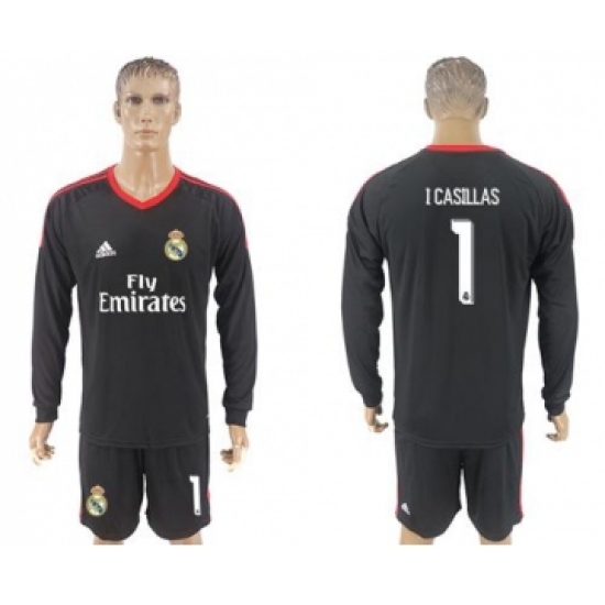 Real Madrid #1 I Casillas Black Goalkeeper Long Sleeves Soccer Club Jersey