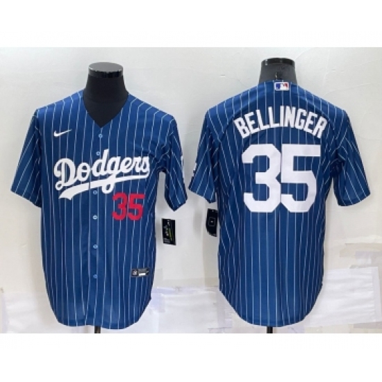 Men's Los Angeles Dodgers #35 Cody Bellinger Number Red Navy Blue Pinstripe Stitched MLB Cool Base Nike Jersey - Ujersey