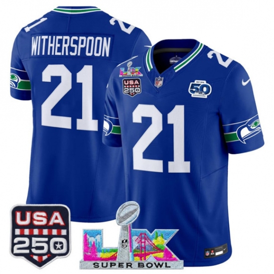 Men's Seattle Seahawks #21 Devon Witherspoon Royal 2025 F.U.S.E. Super Bowl LX And 50th Season & USA 250 Vapor Throwback Limited Football Stitched Jersey - Ujersey