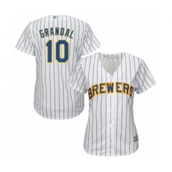 Women's Milwaukee Brewers #10 Yasmani Grandal Authentic White Home Cool Base Baseball Jersey