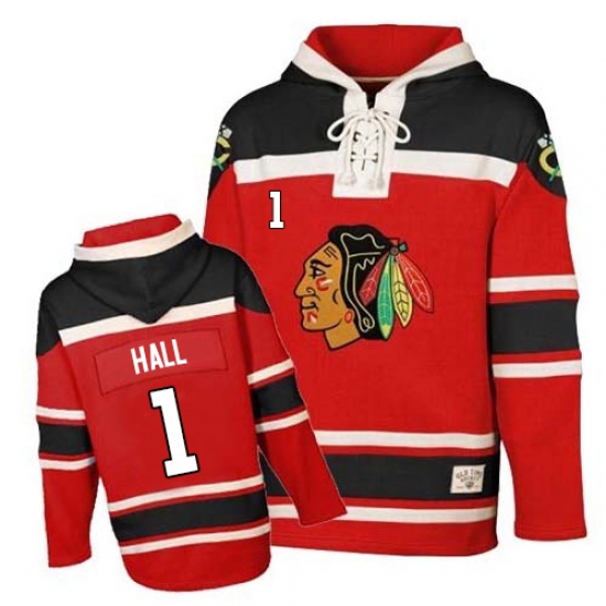 Men's Old Time Hockey Chicago Blackhawks #1 Glenn Hall Authentic Red Sawyer Hooded Sweatshirt NHL Jersey - Ujersey