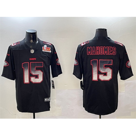 Men's Kansas City Chiefs #15 Patrick Mahomes Black 2025 Super Bowl LIX Smoke Fashion Vapor Limited Stitched Football Jersey - Ujersey