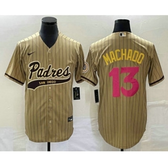 Men's San Diego Padres #13 Manny Machado Tan Pinstripe 2023 City Connect Cool Base Stitched Jersey