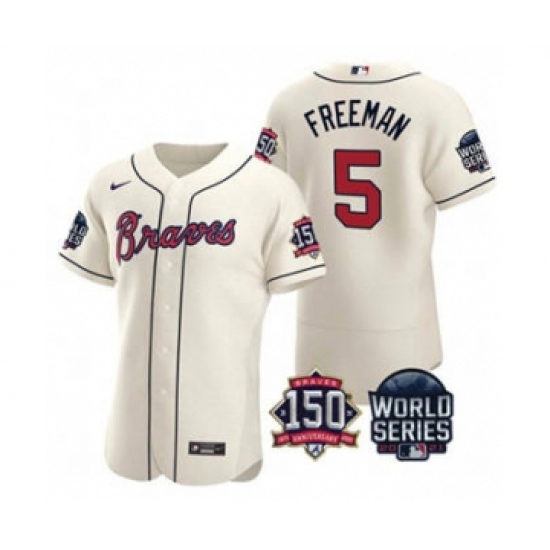 Men's Atlanta Braves #5 Freddie Freeman 2021 Cream World Series Flex Base With 150th Anniversary Patch Baseball Jersey - Ujersey
