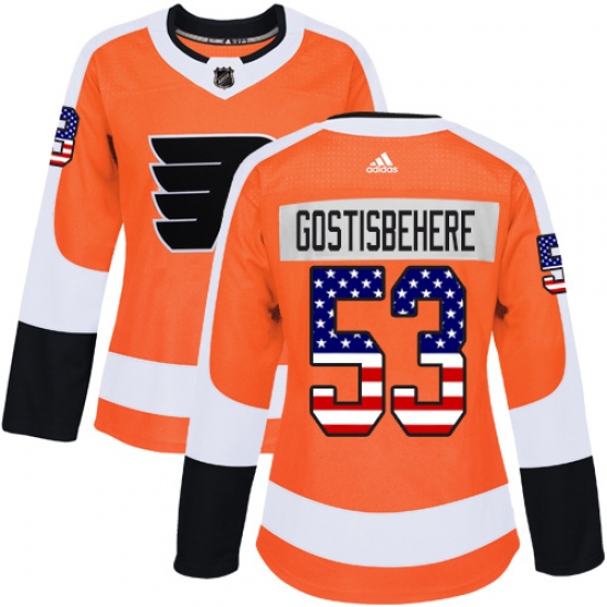 Women's Adidas Philadelphia Flyers #53 Shayne Gostisbehere Authentic Orange USA Flag Fashion NHL Jersey - Ujersey