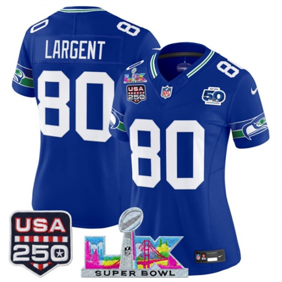Women's Seattle Seahawks #80 Steve Largent Royal 2025 F.U.S.E. Super Bowl LX And 50th Season & USA 250 Vapor Throwback Limited Stitched Football Je Jersey - Ujersey