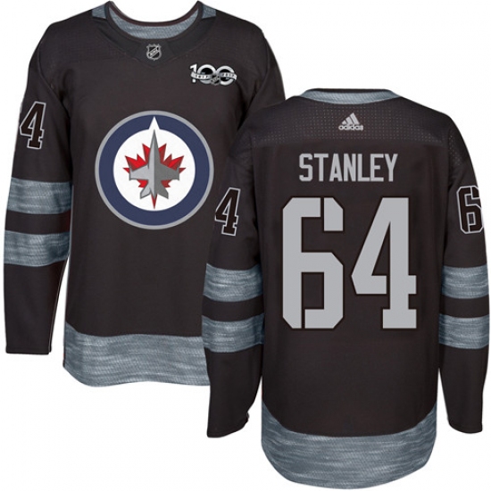 Men's Adidas Winnipeg Jets #64 Logan Stanley Premier Black 1917-2017 100th Anniversary NHL Jersey
