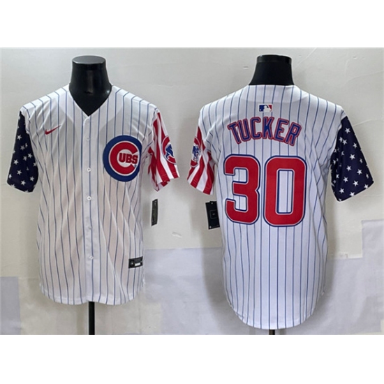 Men's Chicago Cubs #30 Kyle Tucker White Pinstripe 2025 Independence Day Vapor Premier Limited Stitched Baseball Jersey