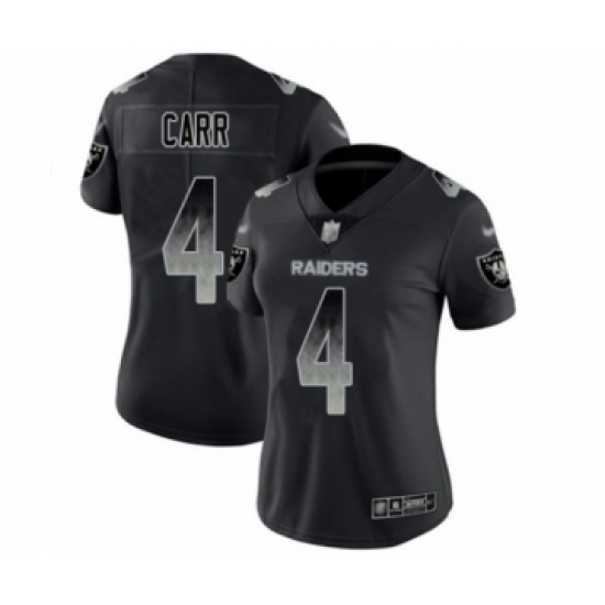 Women's Oakland Raiders #4 Derek Carr Black Smoke Fashion Limited Player 100th Season Football Jersey