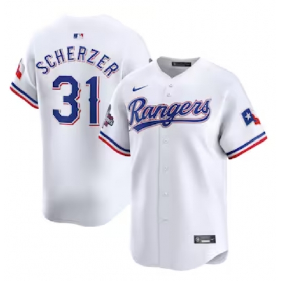 Men's Texas Rangers #31 Max Scherzer Nike White Home 2023 World Series Champions Limited Jersey - Ujersey