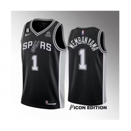 Men's San Antonio Spurs #1 Victor Wembanyama Black 2022-23 Icon Edition With NO.6 Stitched Basketball Jersey - Ujersey