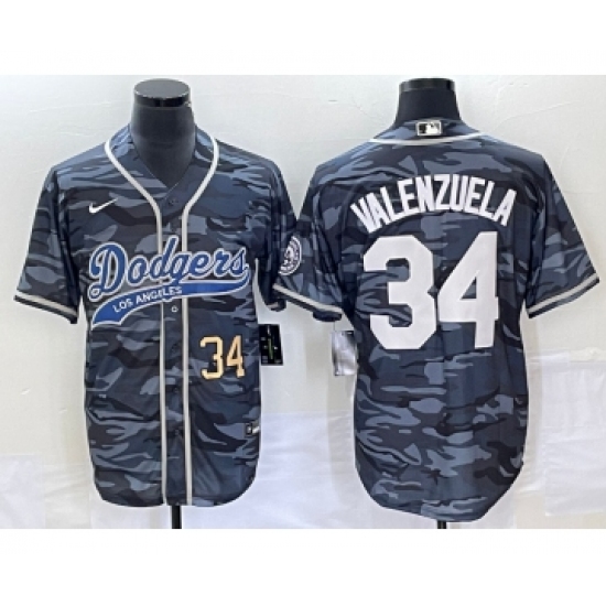 Men's Los Angeles Dodgers #34 Toro Valenzuela Number Gray Camo Cool Base Stitched Baseball Jersey - Ujersey