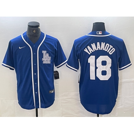 Men's Los Angeles Dodgers #18 Yoshinobu Yamamoto Blue Cool Base Stitched Baseball Jersey - Ujersey
