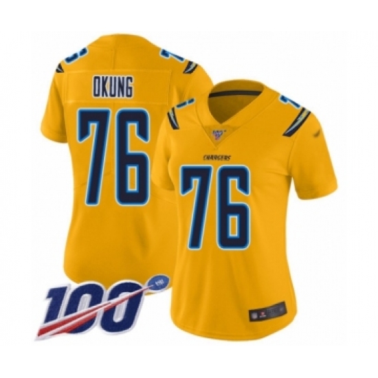 Women's Los Angeles Chargers #76 Russell Okung Limited Gold Inverted Legend 100th Season Football Jersey - Ujersey