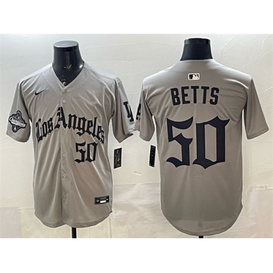 Men's Los Angeles Dodgers #50 Mookie Betts Grey LA Gothic Style With 2025 World Series Champions Limited Stitched Baseball Jersey - Ujersey