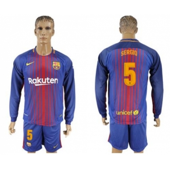 Barcelona #5 Sergio Home Long Sleeves Soccer Club Jersey