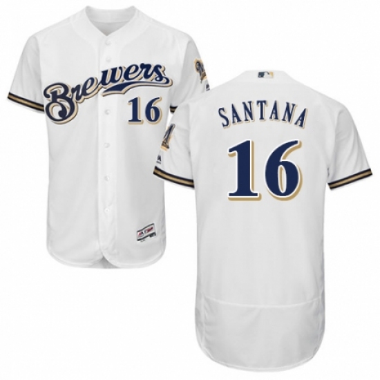 Men's Majestic Milwaukee Brewers #16 Domingo Santana Navy Blue Alternate Flex Base Authentic Collection MLB Jersey - Ujersey