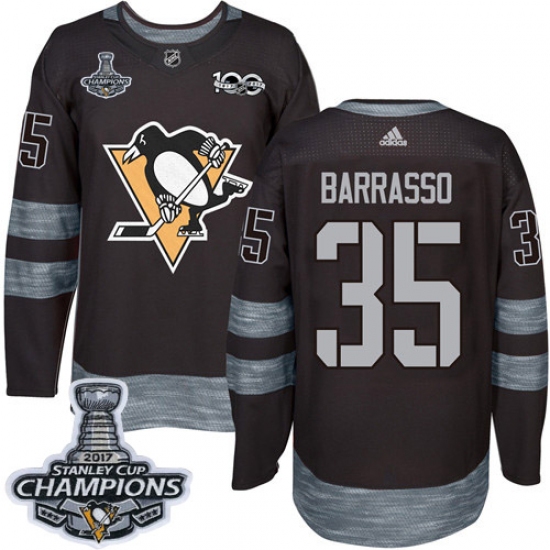 Men's Adidas Pittsburgh Penguins #35 Tom Barrasso Premier Black 1917-2017 100th Anniversary 2017 Stanley Cup Champions NHL Jersey - Ujersey