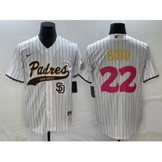 Men's San Diego Padres #22 Juan Soto White Pinstripe 2023 City Connect Cool Base Stitched Jersey 1 - Ujersey