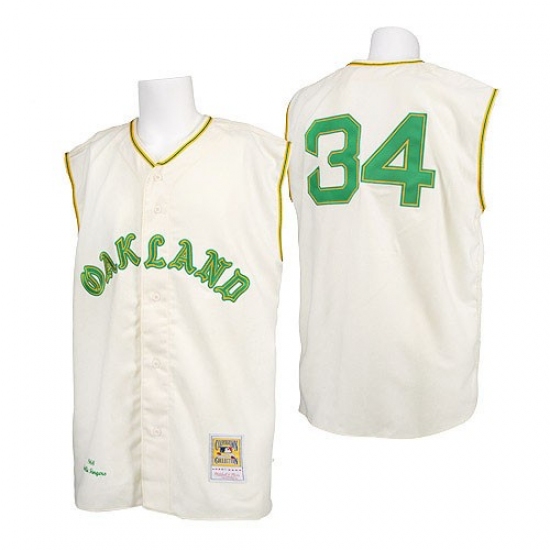 Men's Mitchell and Ness 1968 Oakland Athletics #34 Rollie Fingers Authentic Cream Throwback MLB Jersey - Ujersey