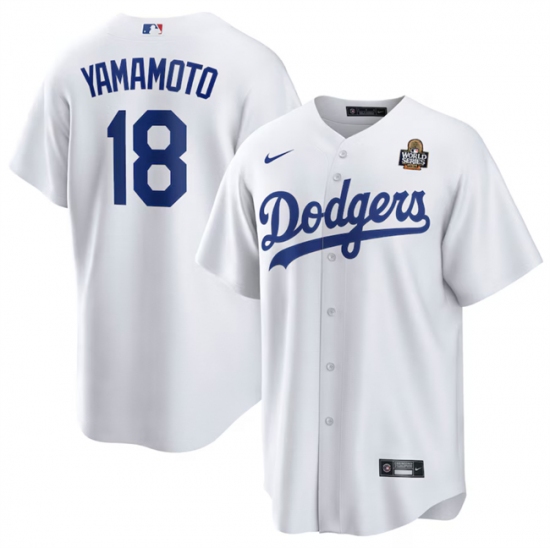 Men's Los Angeles Dodgers #18 Yoshinobu Yamamoto White 2024 World Series Cool Base Stitched Baseball Jersey - Ujersey