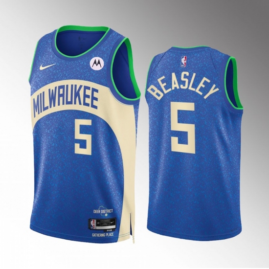 Men's Milwaukee Bucks #5 Malik Beasley Blue 2023-24 City Edition Stitched Basketball Jersey - Ujersey