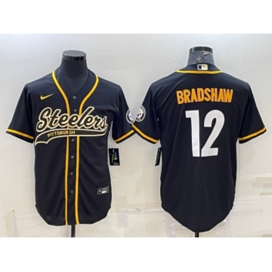 Men's Pittsburgh Steelers #12 Terry Bradshaw Black With Patch Cool Base Stitched Baseball Jersey - Ujersey