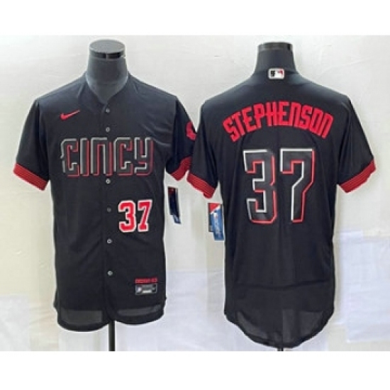 Men's Cincinnati Reds #37 Tyler Stephenson Number Black 2023 City Connect Flex Base Stitched Jersey 2