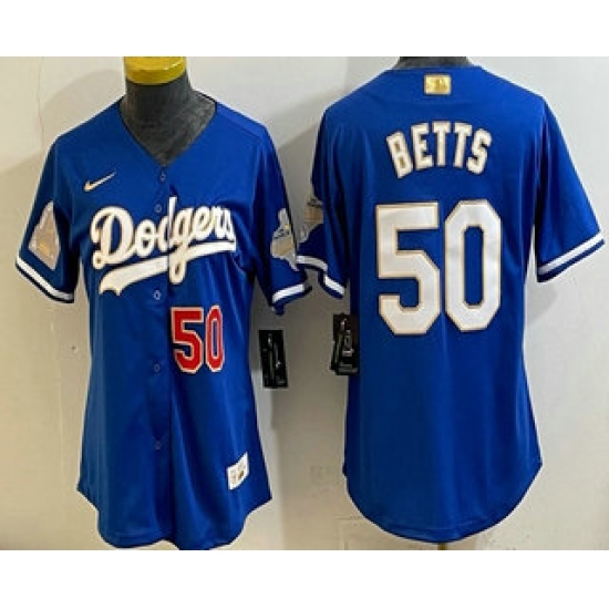 Women's Los Angeles Dodgers #50 Mookie Betts Blue 2026 Gold Collection Stadium Jersey - Ujersey