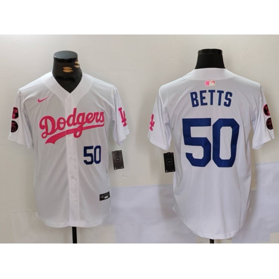 Men's Los Angeles Dodgers #50 Mookie Betts White Pink Vin & Kobe Stitched Baseball Jerseys - Ujersey