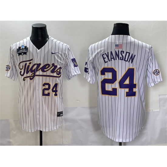 Men's LSU Tigers #24 Anthony Eyanson White Pinstripe 2025 World Series & SEC Patch Stitched Baseball Jersey - Ujersey