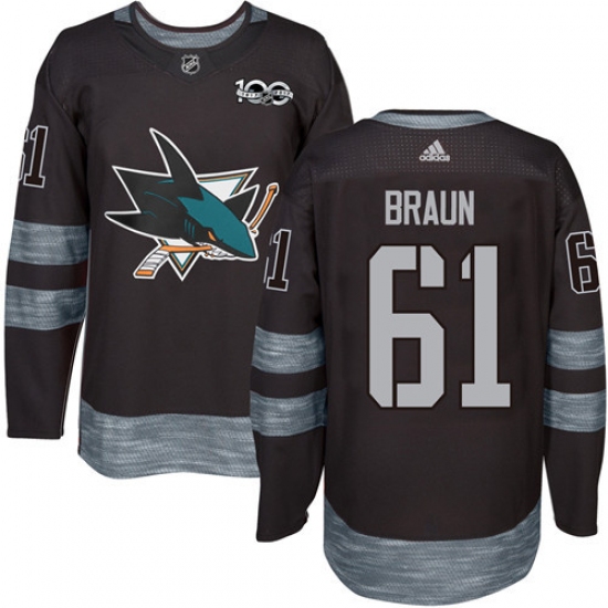 Men's Adidas San Jose Sharks #61 Justin Braun Premier Black 1917-2017 100th Anniversary NHL Jersey - Ujersey
