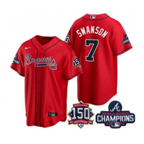 Men's Atlanta Braves #7 Dansby Swanson 2021 Red World Series Champions With 150th Anniversary Patch Cool Base Stitched Jersey - Ujersey