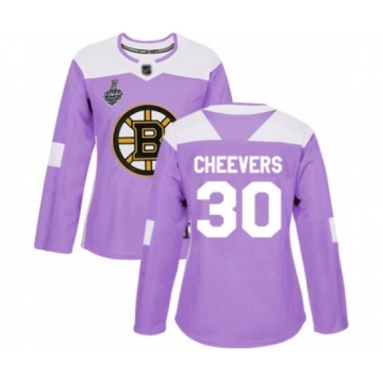 Women's Boston Bruins #30 Gerry Cheevers Authentic Purple Fights Cancer Practice 2019 Stanley Cup Final Bound Hockey Jersey - Ujersey