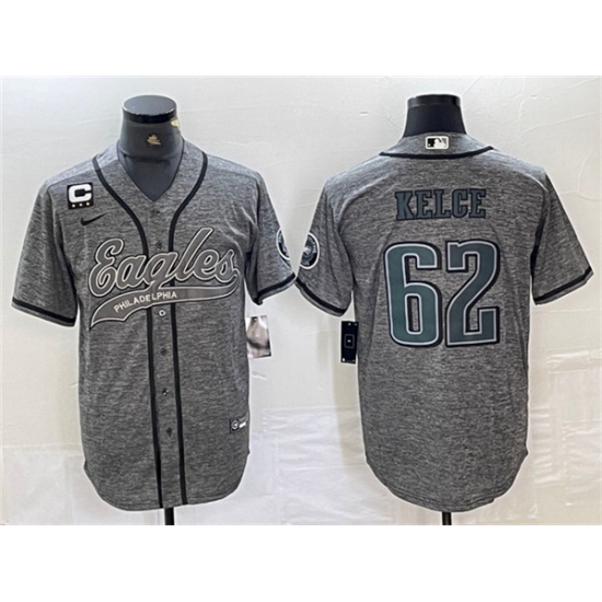 Men's Philadelphia Eagles #62 Jason Kelce Gray With 3-star C Cool Base Baseball Stitched Jersey - Ujersey