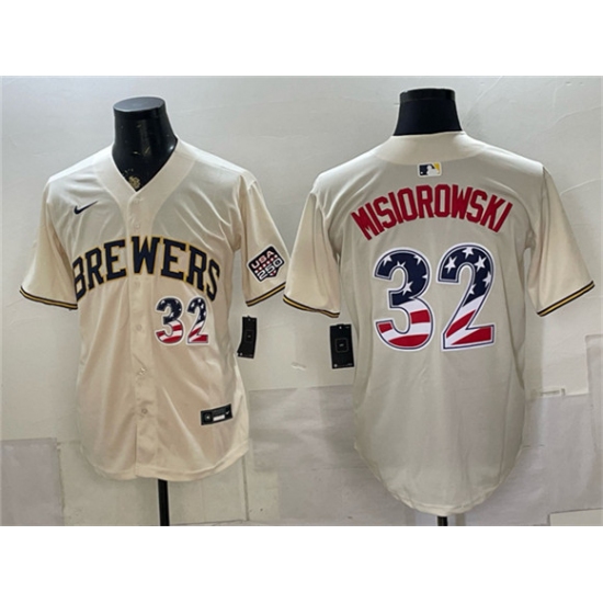 Men's Milwaukee Brewers #32 Jacob Misiorowski Cream 2026 USA 250 Fourth of July Home Stadium Stitched Baseball Jersey