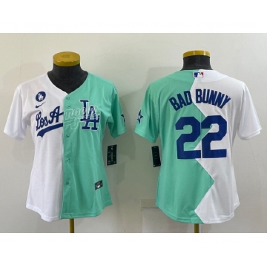 Women's Los Angeles Dodgers #22 Bad Bunny White Green Two Tone 2022 Celebrity Softball Game Cool Base Jersey2 - Ujersey