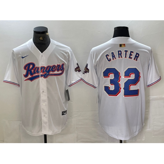 Men's Texas Rangers #32 Evan Carter White 2023 World Series Champions Cool Base Jersey - Ujersey
