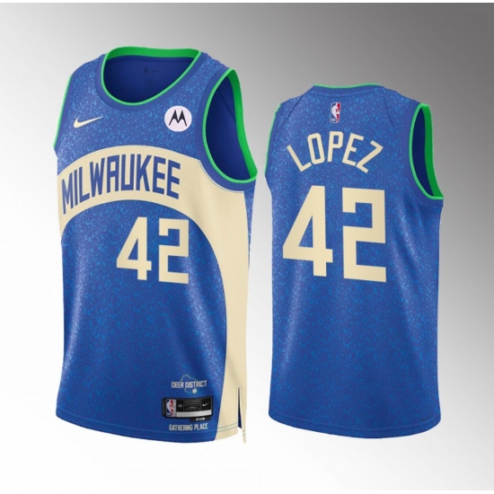 Men's Milwaukee Bucks #42 Robin Lopez Blue 2023-24 City Edition Stitched Basketball Jersey - Ujersey